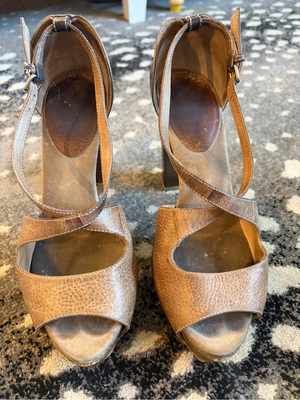 Brunello Cucinelli Tan Bronze Platform Heel Sandals Cross Strap Front 7 37